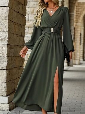 Elegant V-Neck Olive Green Wrap Maxi Dress with Belt